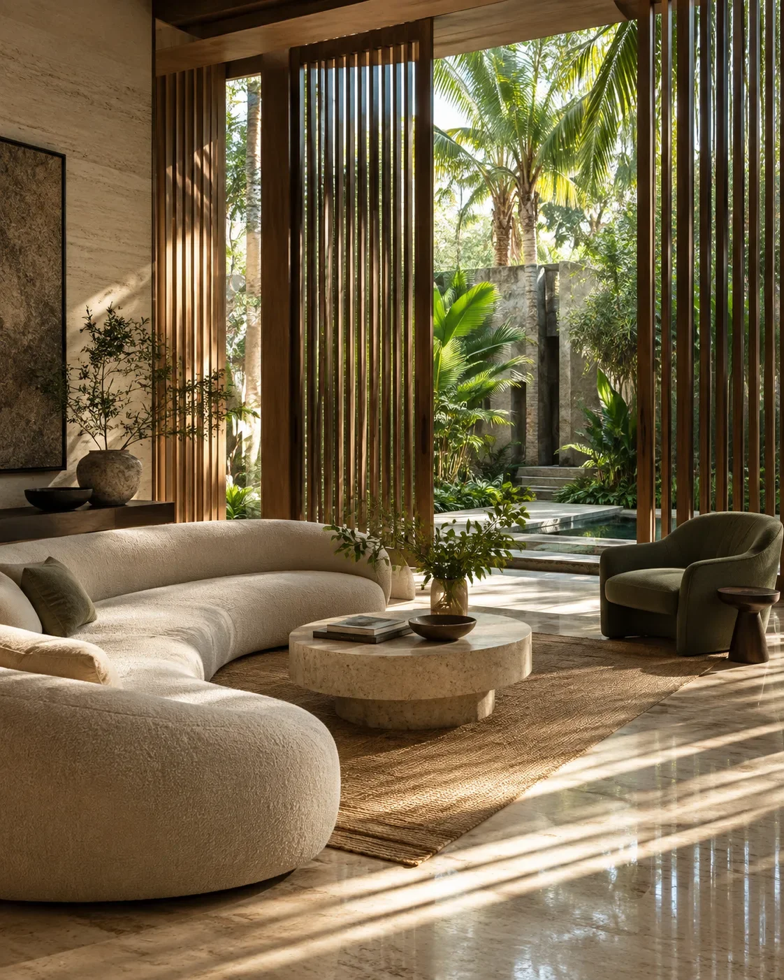 Interior with natural light, warm textures and a garden outlook