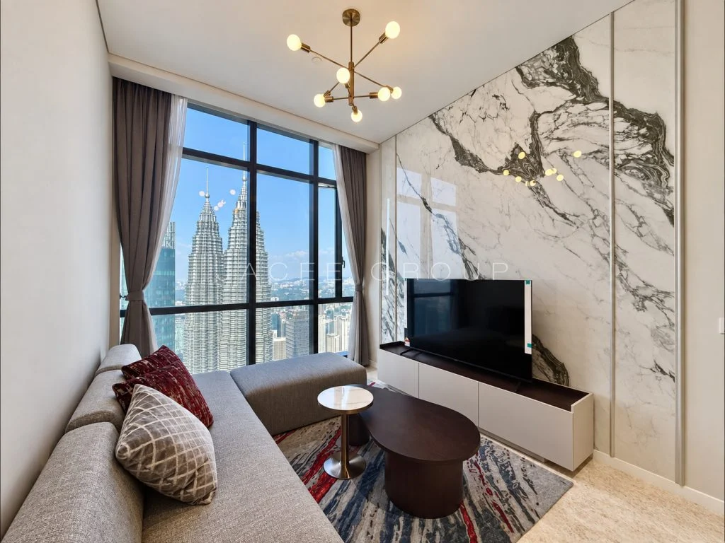 Living Room with Twin Towers View at SO Kuala Lumpur Residences, KLCC