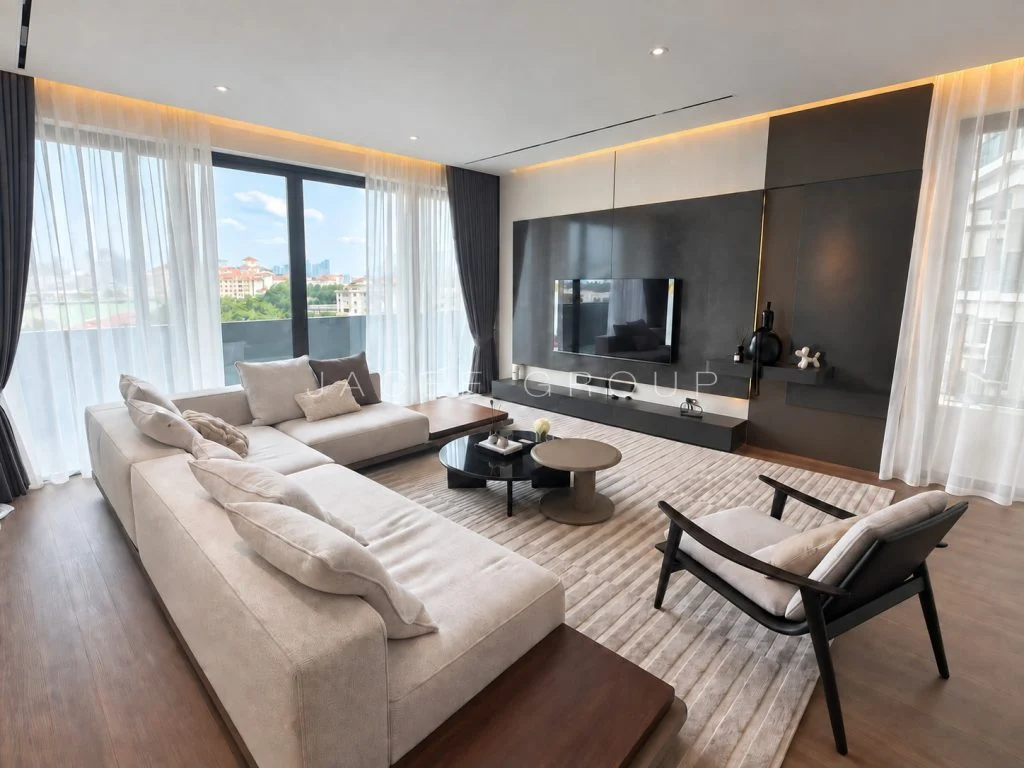 Living room at the Katana II triplex penthouse featured on JC Living