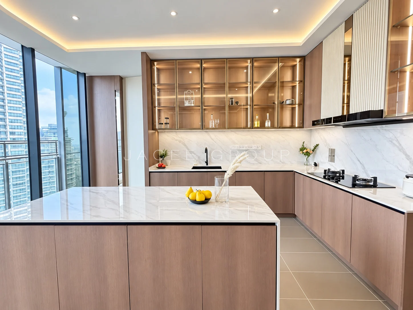 K Residence KLCC｜宽敞客餐厅与城市景观：厨房台面