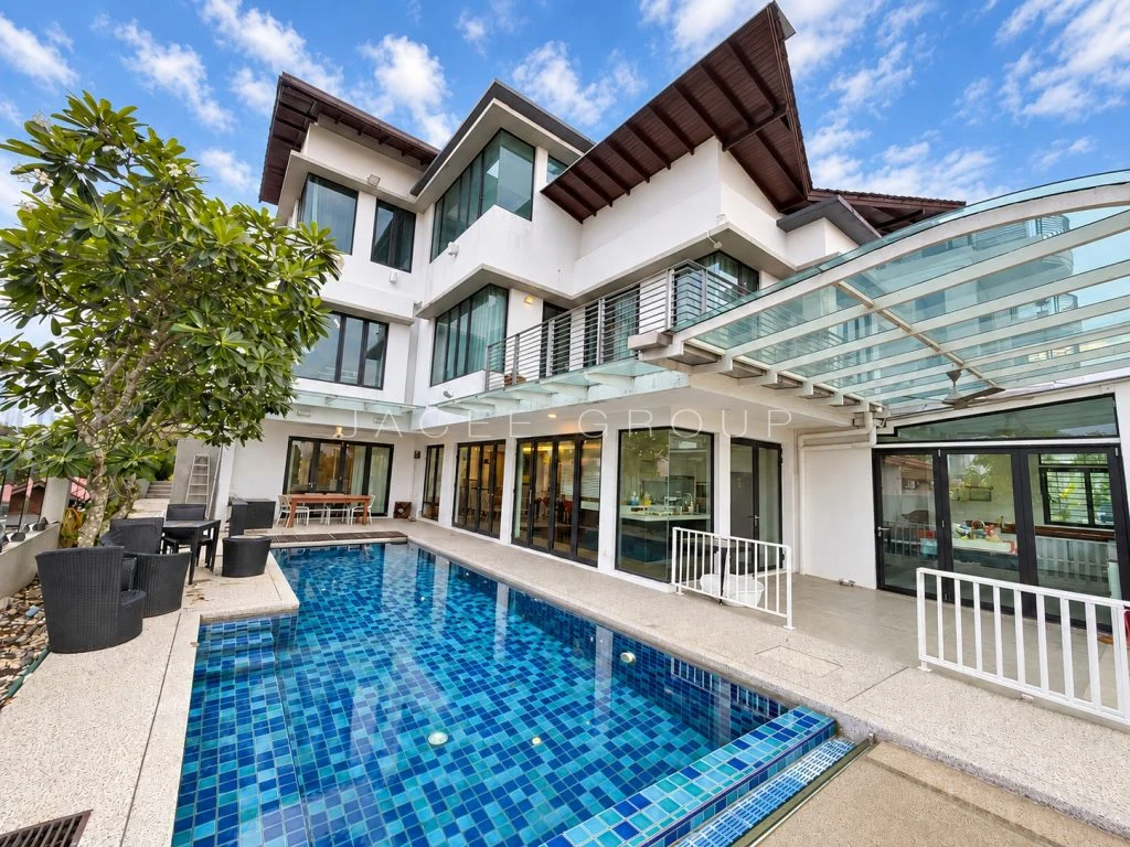 Pool and Front Facade at the Damansara Heights modern bungalow