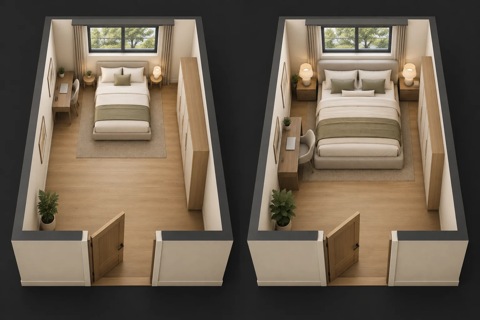 Bedroom illustration with compact furniture and a clear walkway