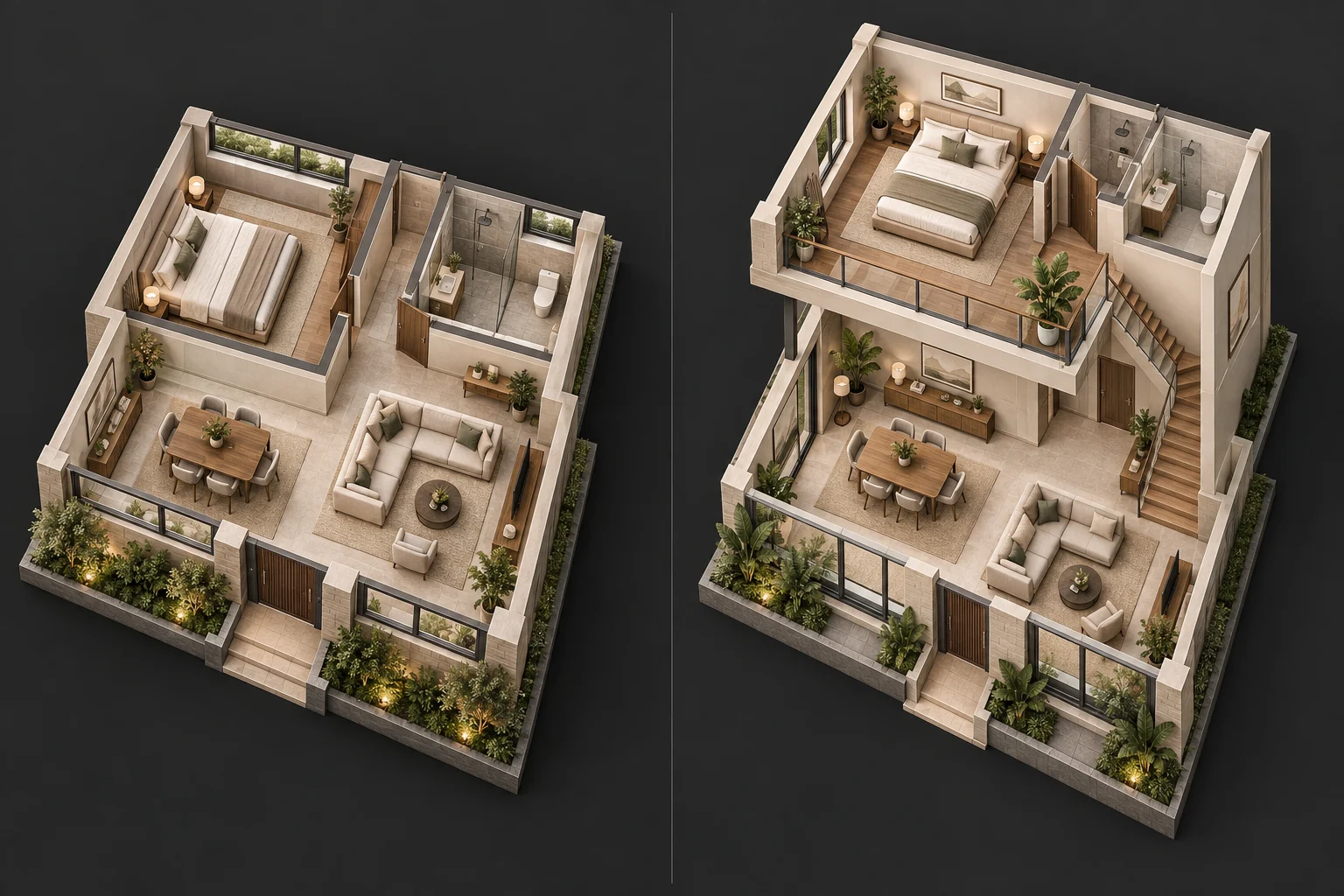 Illustration of a bedroom, bathroom and living area on one floor