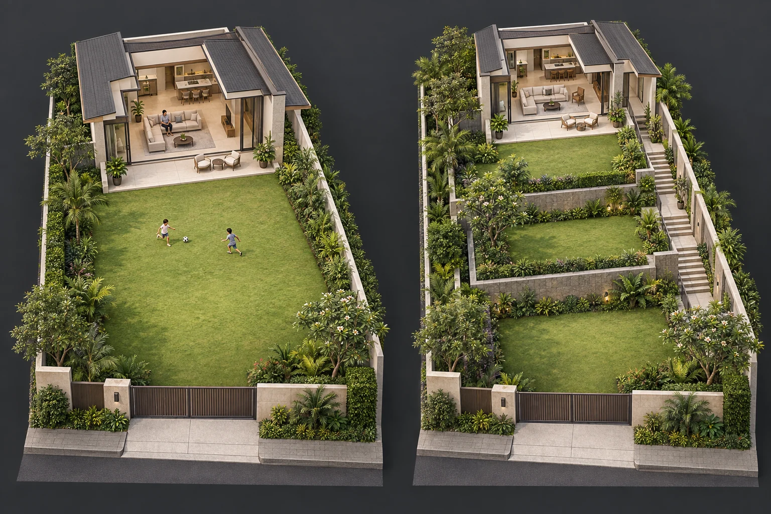 Illustration of children playing on one broad lawn beside an open living room