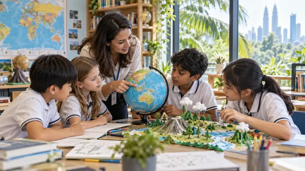Illustrative classroom with a teacher and children learning together