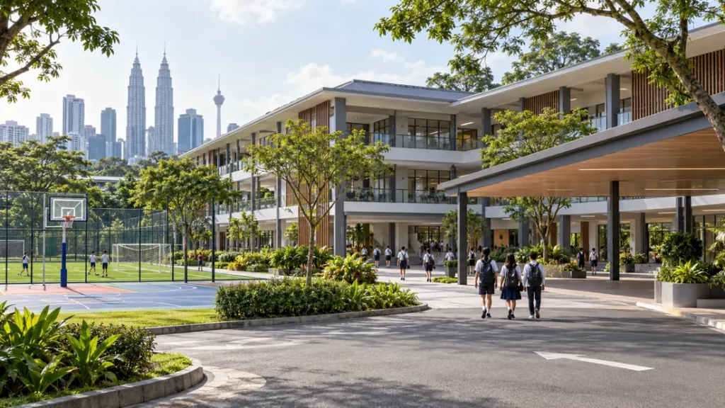 Illustrative international school exterior with classroom buildings and sports facilities
