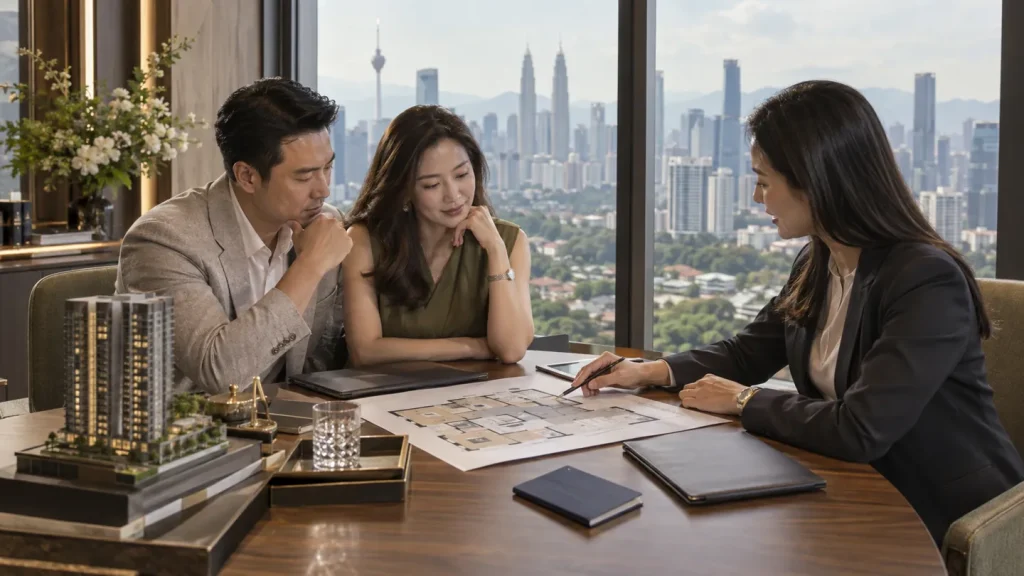 Illustration of buyers reviewing a home floor plan during a financing consultation