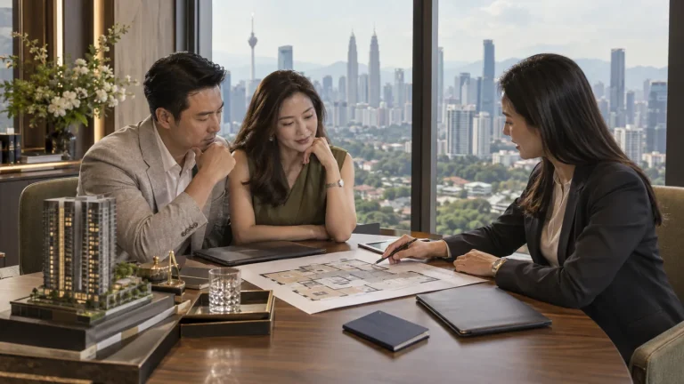 Illustration of buyers reviewing a home floor plan during a financing consultation
