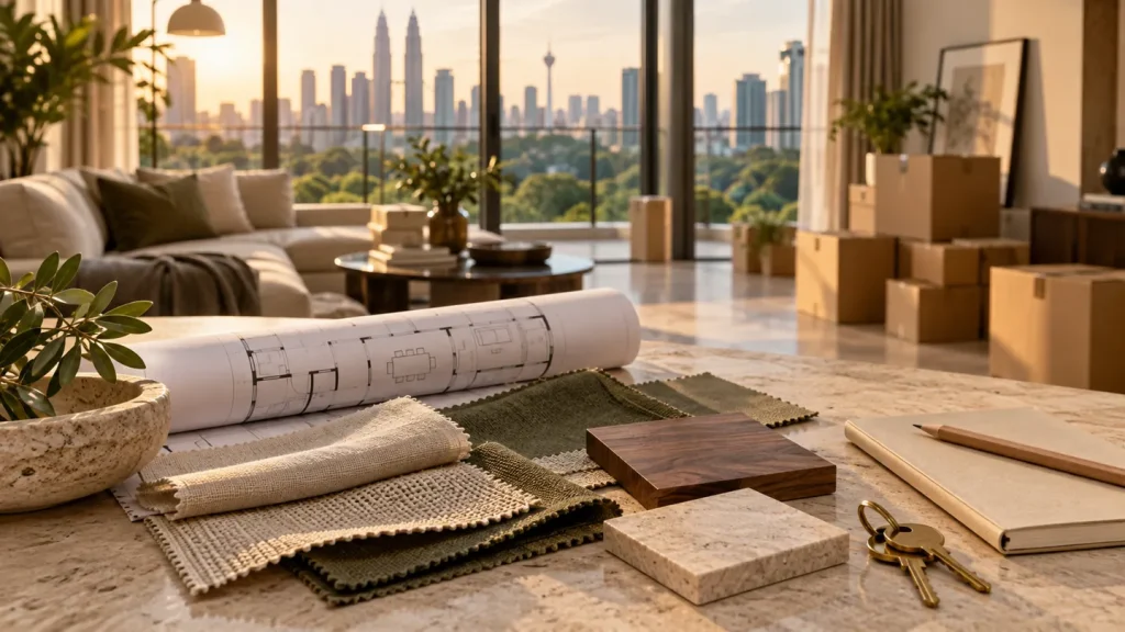Illustration of floor plans, furnishing samples and keys while planning a home move